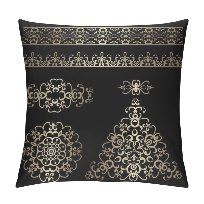 Personality  Gold Borders And Swirly Design Elements On Black Pillow Covers