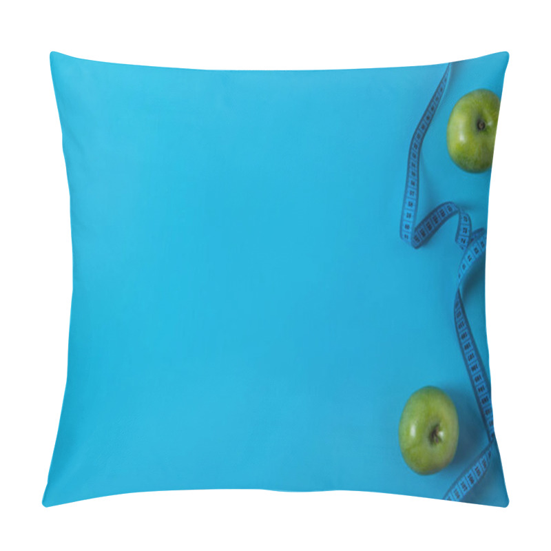 Personality  View From Above Of Green Apples And Measuring Tape Isolated On Blue  Pillow Covers