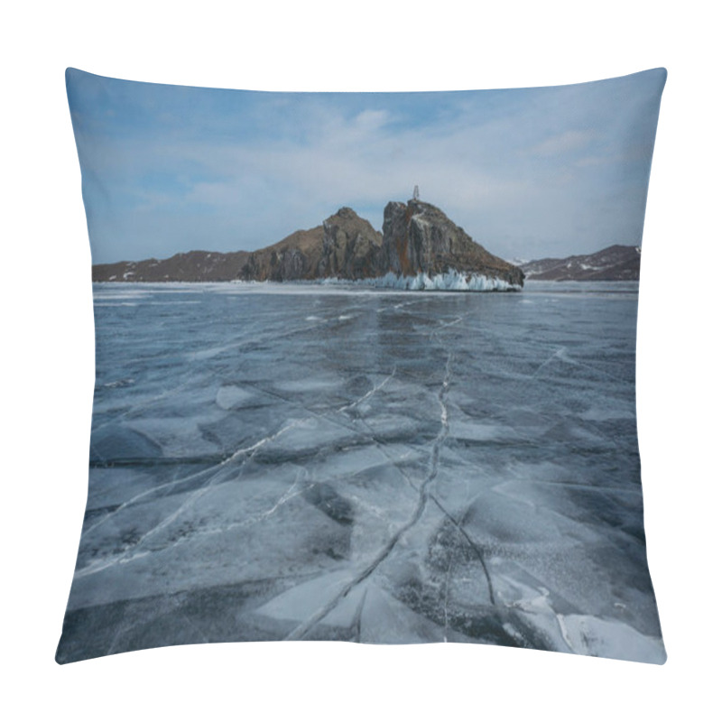 Personality  View Of Ice Covered Water Surface Of Lake And Rock Formations On Background, Russia, Lake Baikal Pillow Covers