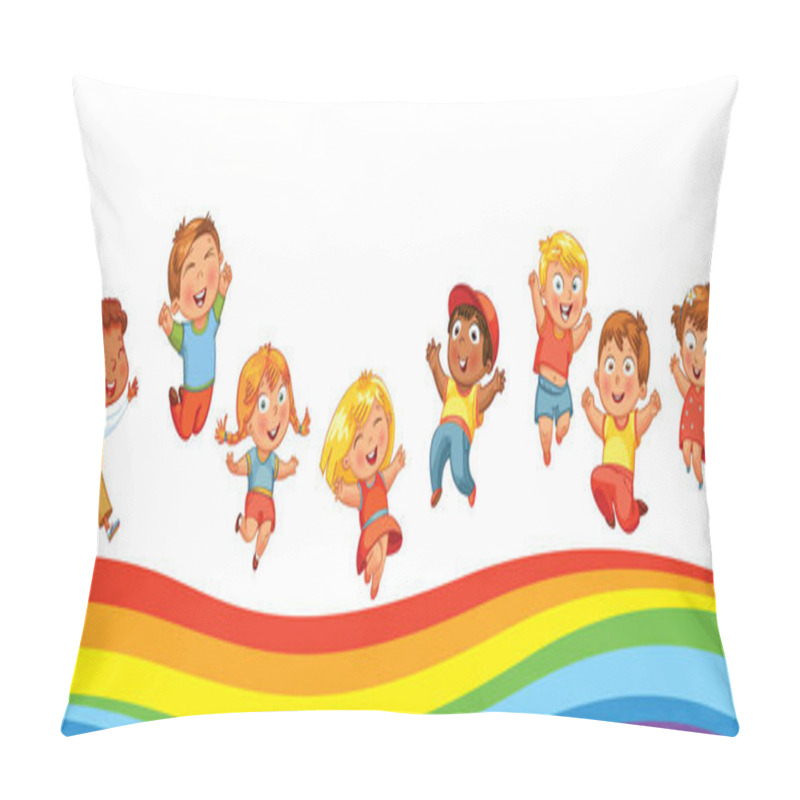 Personality  Kids Jumping On A Rainbow, Like On A Trampoline Pillow Covers