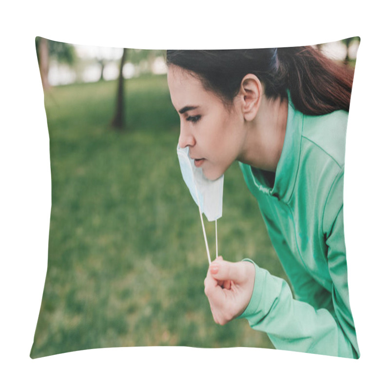 Personality  Side View Of Sportswoman Taking Off Medical Mask In Park  Pillow Covers