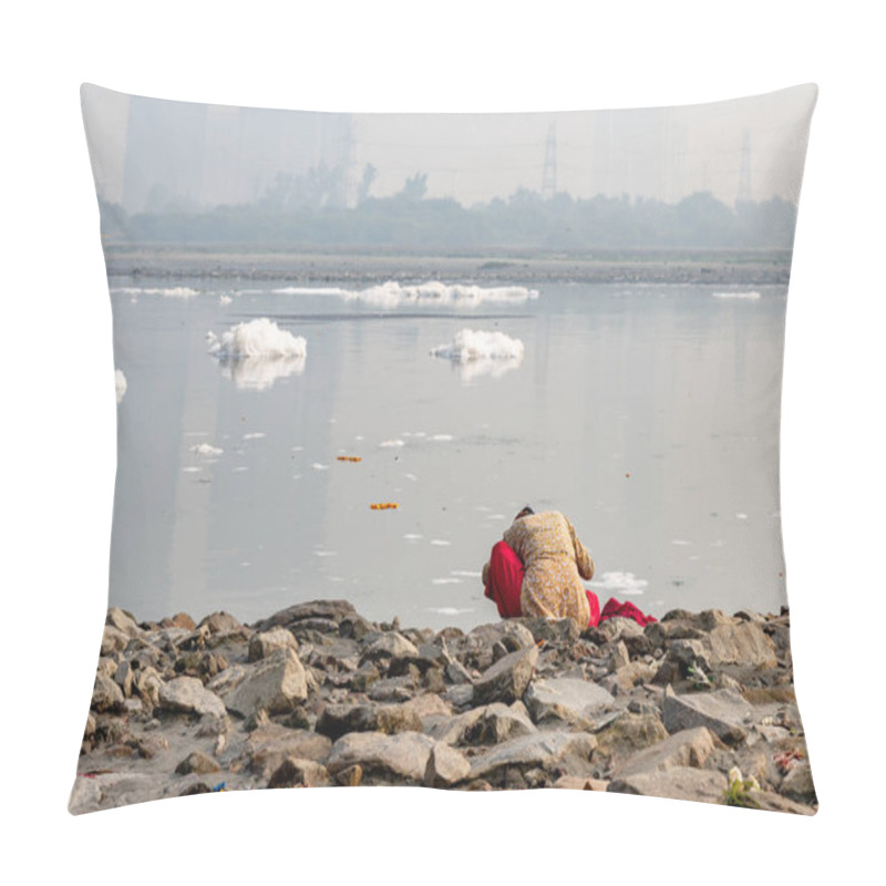 Personality  Isolated Women Bathing In Polluted River With Toxic Foam At Misty Morning Image Is Taken At Yamuna River Okhla Barrage Delhi India. Pillow Covers