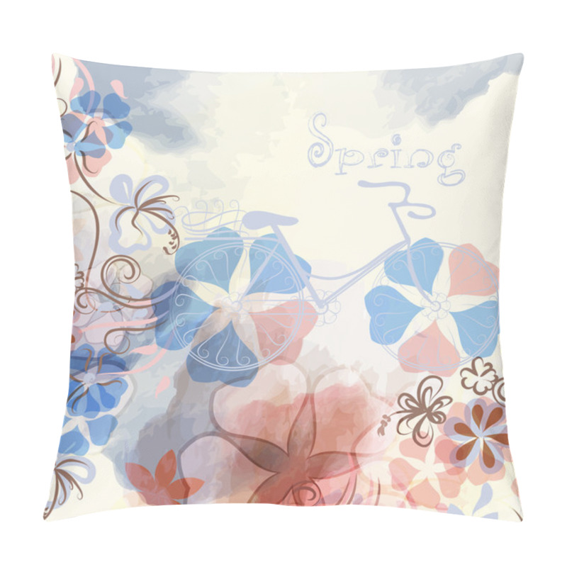 Personality  Abstract Spring Background With Flowers And Bicycle In Watercolo Pillow Covers