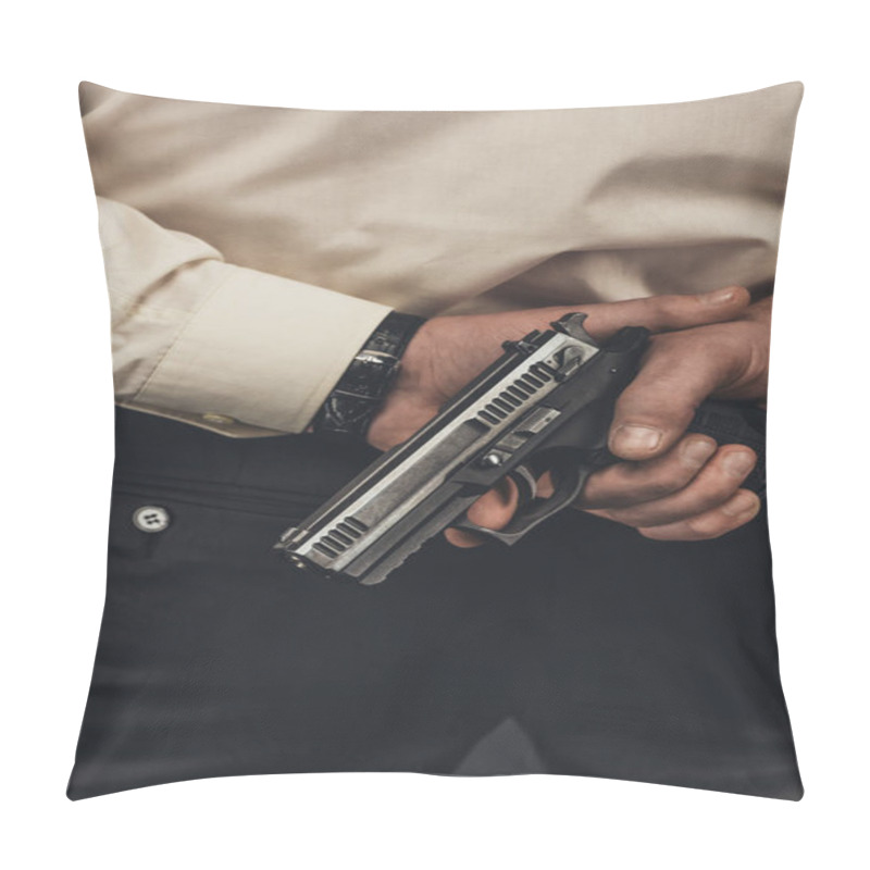 Personality  Cropped Shot Of Man In Shirt Holding Gun Behind Back Pillow Covers