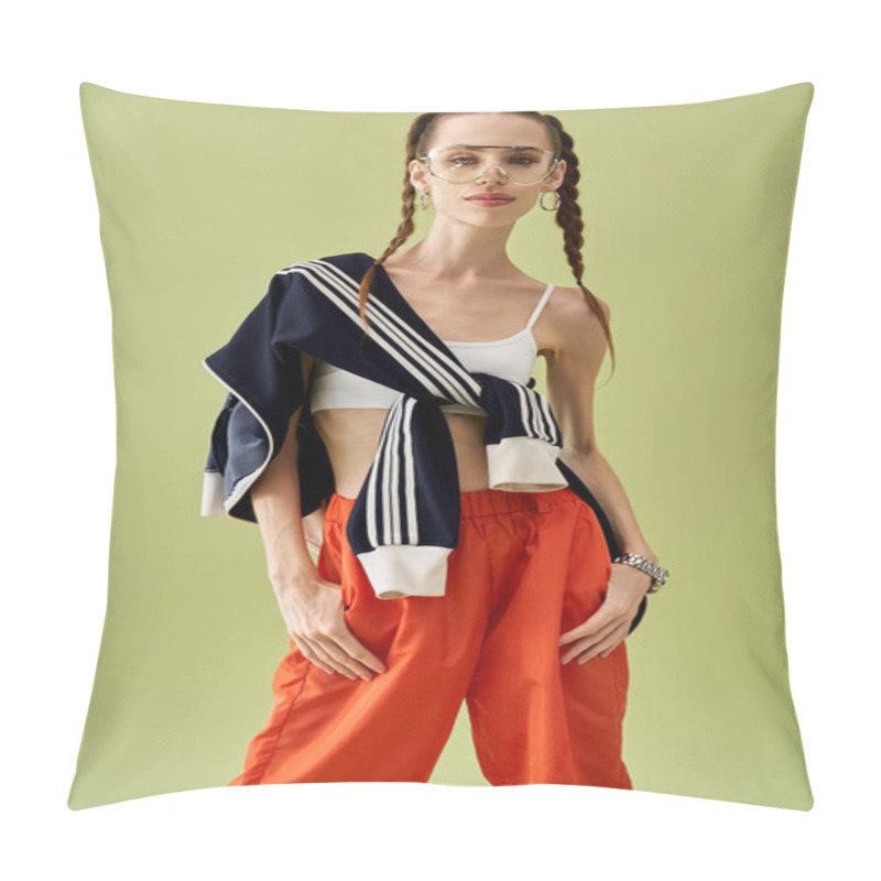 Personality  Young Woman Poses Confidently In Stylish Attire, Showing Her Determination Against Anorexia. Pillow Covers