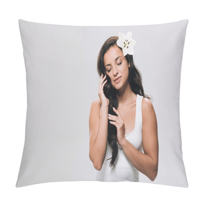 Personality  Brunette Beautiful Woman With Closed Eyes Making Fake Mustache From Long Healthy Hair Isolated On Grey Pillow Covers