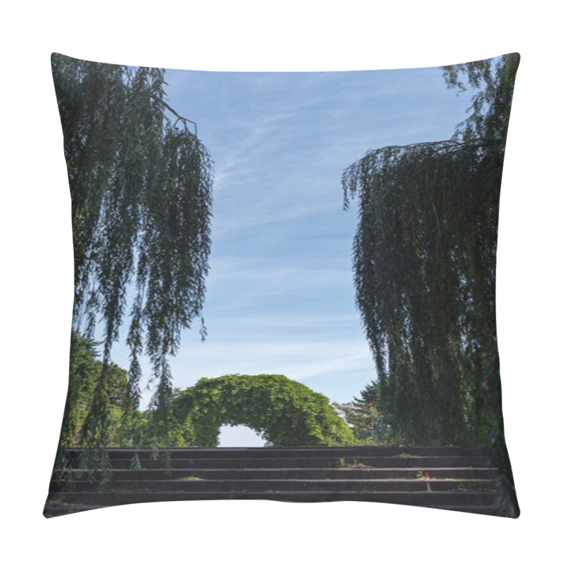 Personality  Arch Of Wild Grape On Stairs Between Willow Trees With Sky At Background  Pillow Covers