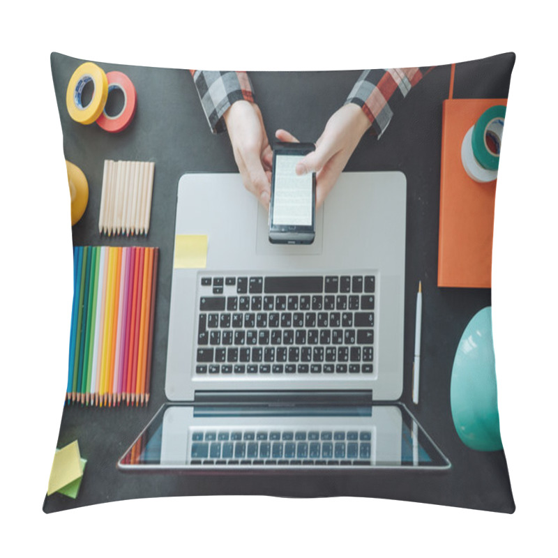 Personality  Flat Lay Of Laptop On Chalkboard Table. Background Pillow Covers