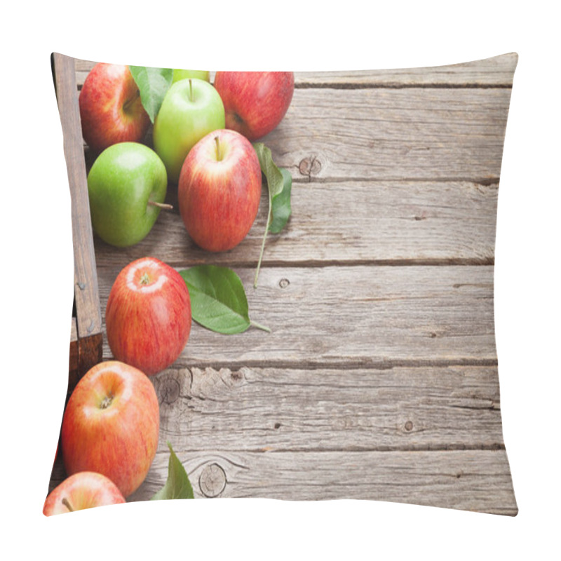 Personality  Ripe Green And Red Apples On Wooden Table. With Space For Your Text Pillow Covers