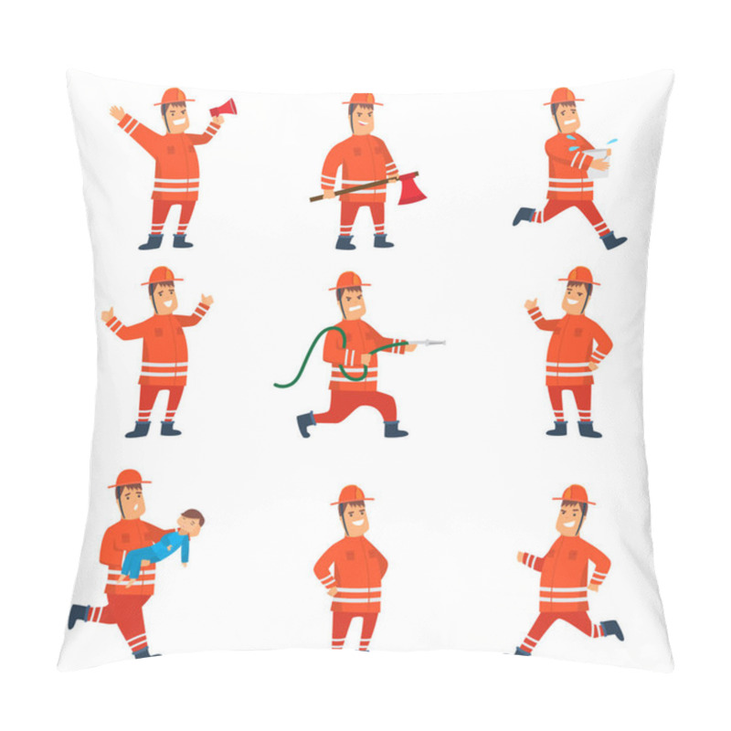 Personality  Smiling Firefighter In Orange Protective Uniform And Helmet Set, Cheerful Professional Male Freman Cartoon Character Doing His Job And Rescuing People Vector Illustration Pillow Covers