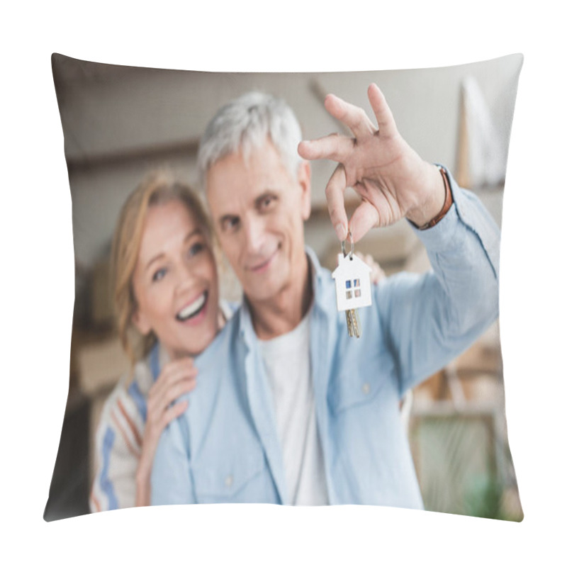 Personality  Happy Senior Couple Holding Keys From New Nome During Relocation Pillow Covers