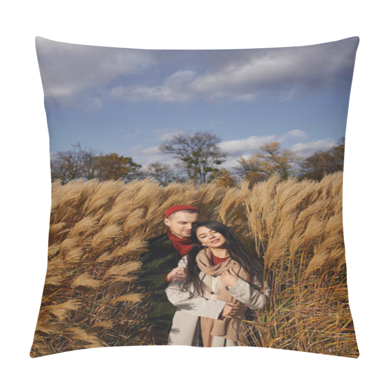 Personality  A Joyful Couple Embraces Warmly, Surrounded By Swaying Golden Grasses On A Sunny Autumn Day. Pillow Covers