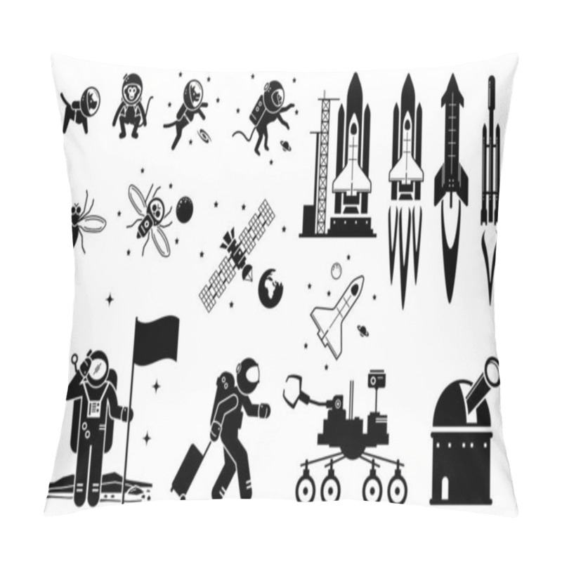 Personality  Modern History Space Age And Exploration. Vector Illustrations Depict Human Sending Dog, Monkey, And Fruit Fly To Space. Human Astronaut And Rocket Flying To Space And Landing At Moon. Pillow Covers