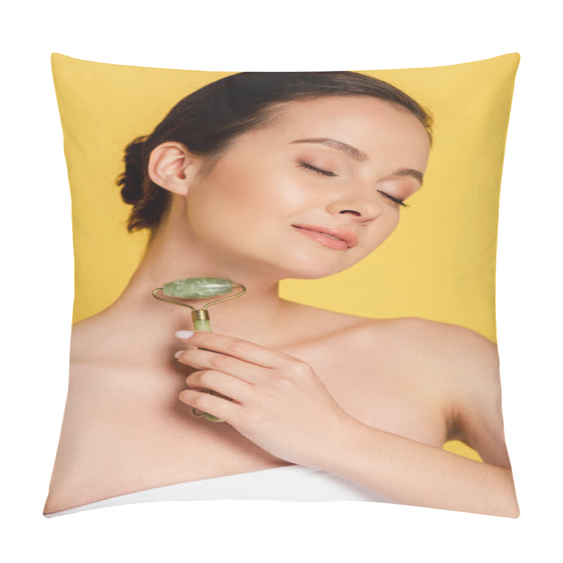 Personality  Beautiful Woman With Closed Eyes Using Jade Roller On Face Isolated On Yellow Pillow Covers