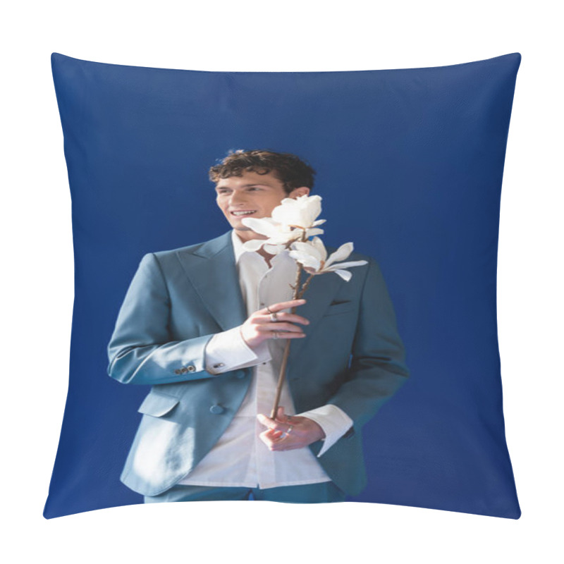 Personality  Cheerful Curly Man Holding Magnolia Flowers Isolated On Navy Blue  Pillow Covers