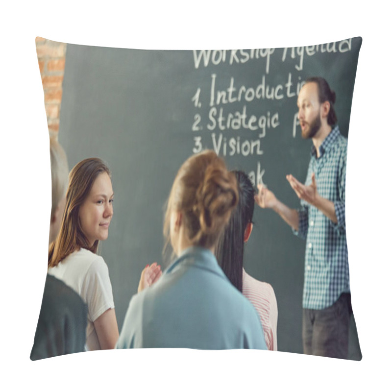 Personality  Business And Entrepreneurship Symposium. Speakers Giving Talk At Business Briefing. Rear View Of Unrecognized Participant In Audience. Training, Planning, Learning, Coaching, Business Concept Pillow Covers