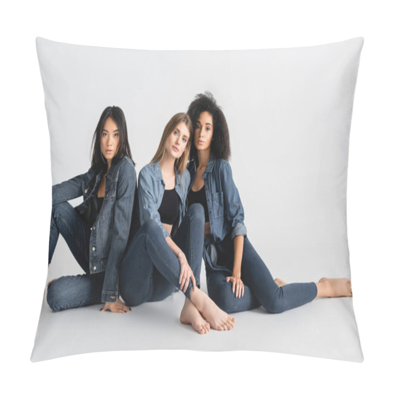 Personality  Young Interracial Models In Denim Outfit Posing On White Pillow Covers