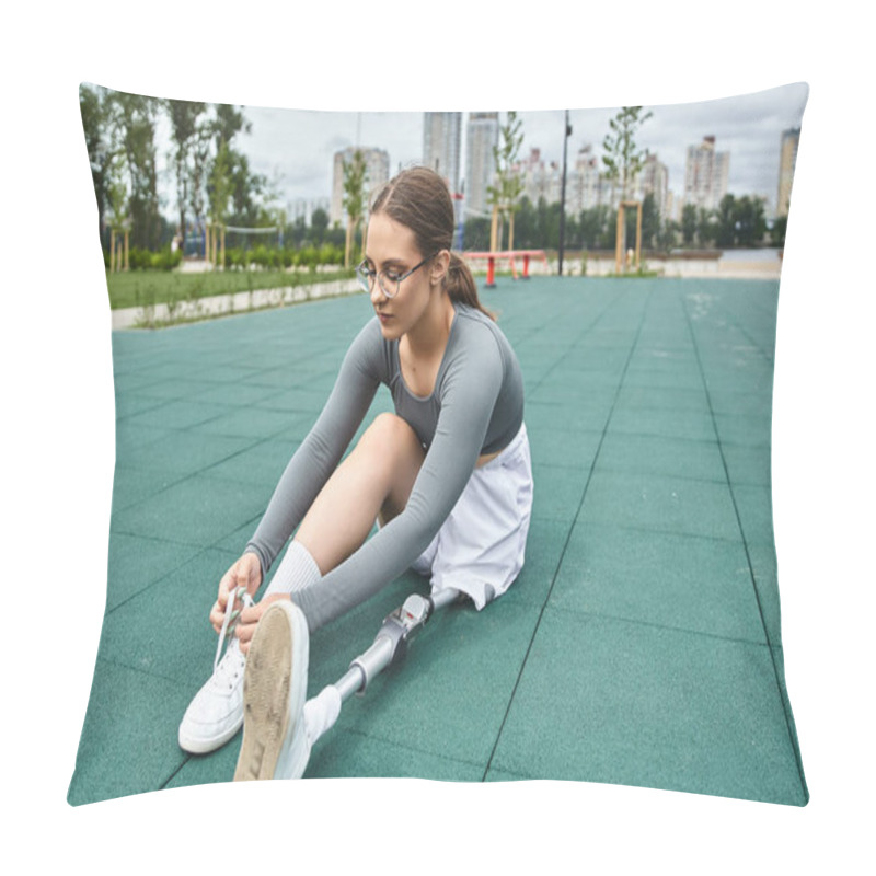 Personality  A Determined Young Woman With A Prosthetic Leg Engages In Outdoor Exercise, Showcasing Strength And Resilience. Pillow Covers