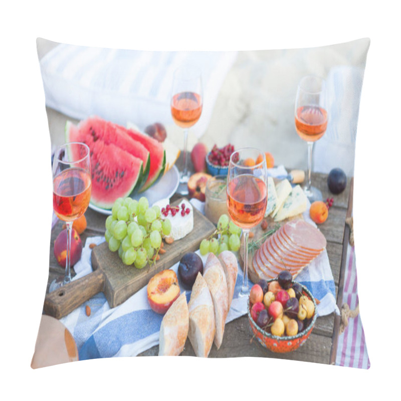 Personality  Picnic On The Beach At Sunset In The Style Of Boho, Food And Dri Pillow Covers