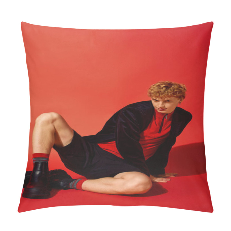 Personality  A Man Showcases Trendy Holiday Fashion, Combining Comfort And Flair Against A Bold Red Backdrop. Pillow Covers