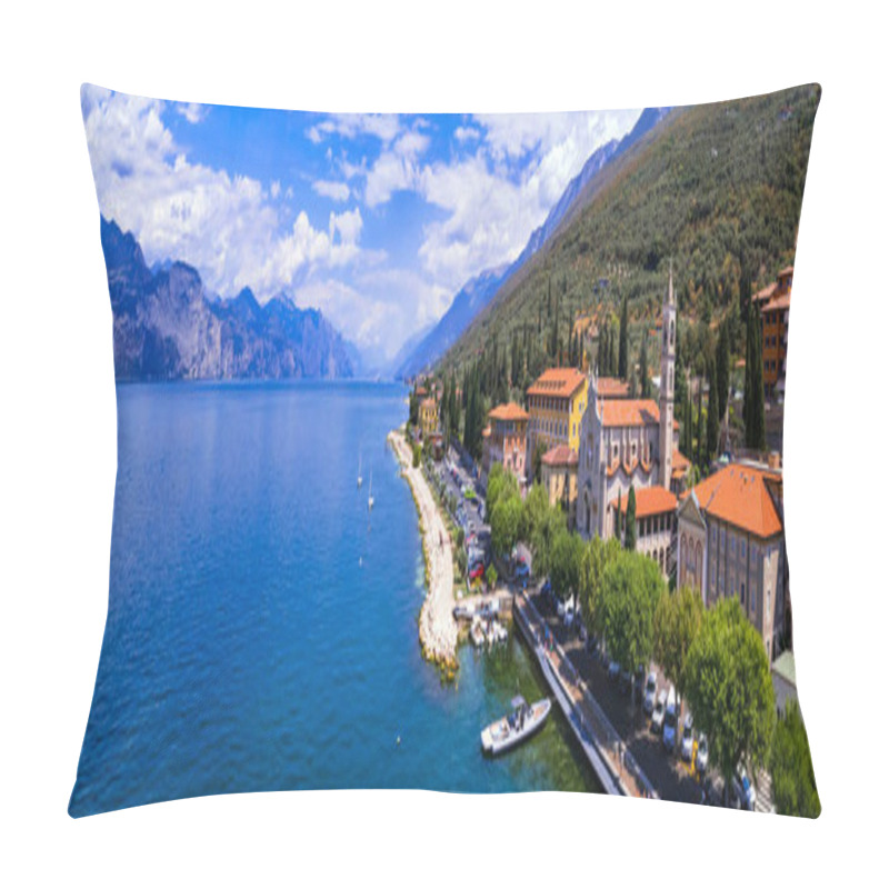 Personality  Scenic Lake Lago Di Garda, Italy, Aerial View Of Fishing Village With Colorful Houses And Boats - Castelletto Di Brenzone. Pillow Covers