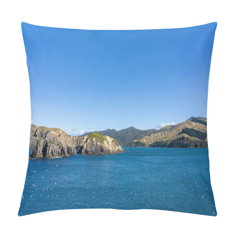 Personality  Flocks Of Seabirds On Water Below As Top Of South Island And Marlborough Sounds Are Approached By Sea, New Zealand. Pillow Covers