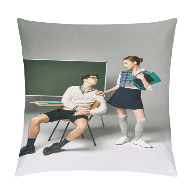 Personality  Elegant Man And Woman Sitting In Front Of A Green Board At College. Pillow Covers