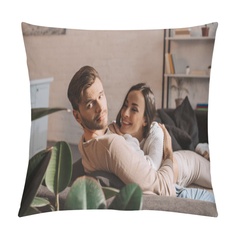 Personality  Happy Romantic Young Couple Flirting On Couch At Home Pillow Covers