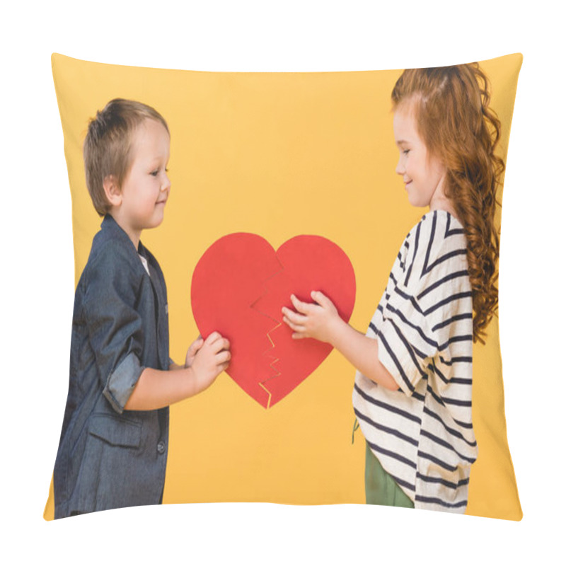 Personality  Side View Of Smiling Kids Holding Red Paper Heart Together Isolated On Yellow, St Valentines Day Concept Pillow Covers