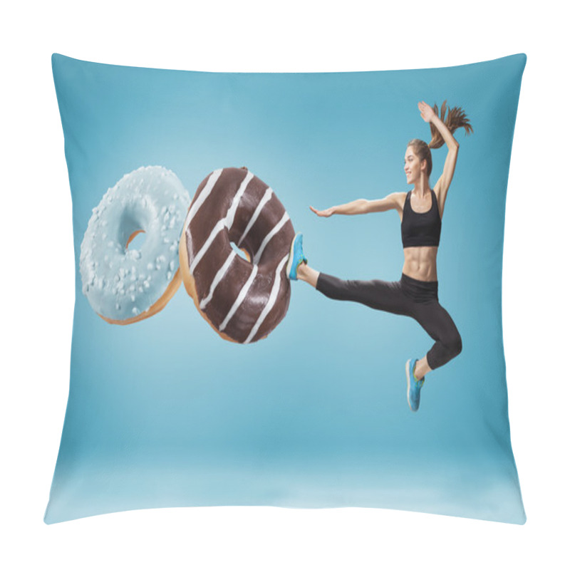 Personality  Fit Young Woman Fighting Off Bad Food On A Blue Background Pillow Covers