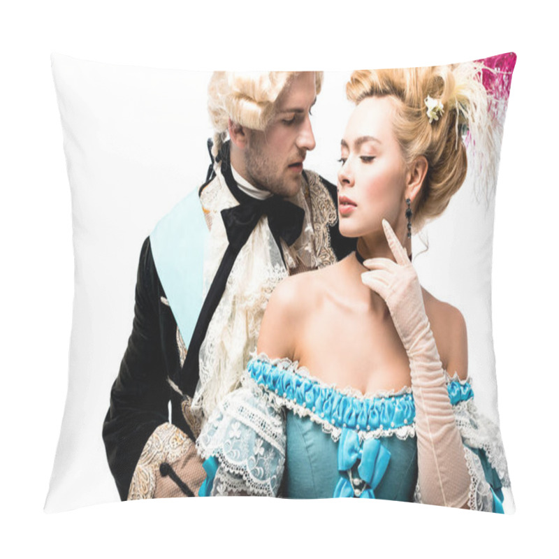 Personality  Handsome Gentleman Looking At Pompous Victorian Woman In Blue Dress Isolated On White   Pillow Covers