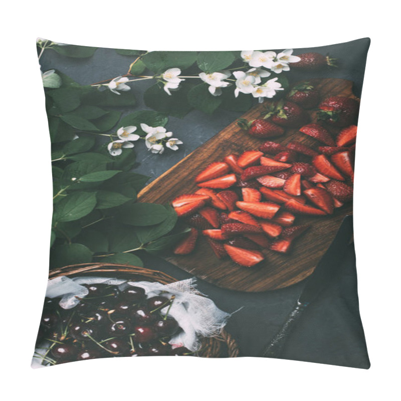 Personality  Top View Of Beautiful Jasmine Flowers, Sliced Strawberries And Ripe Sweet Cherries On Black Pillow Covers