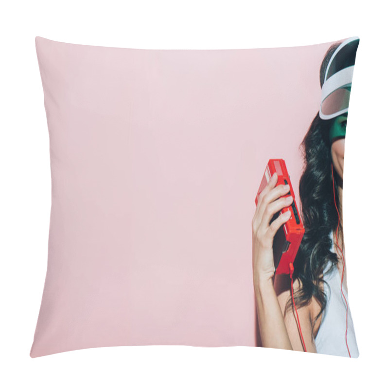 Personality  Partial View Of Smiling Woman With Retro Music Player On Pink Backdrop Pillow Covers