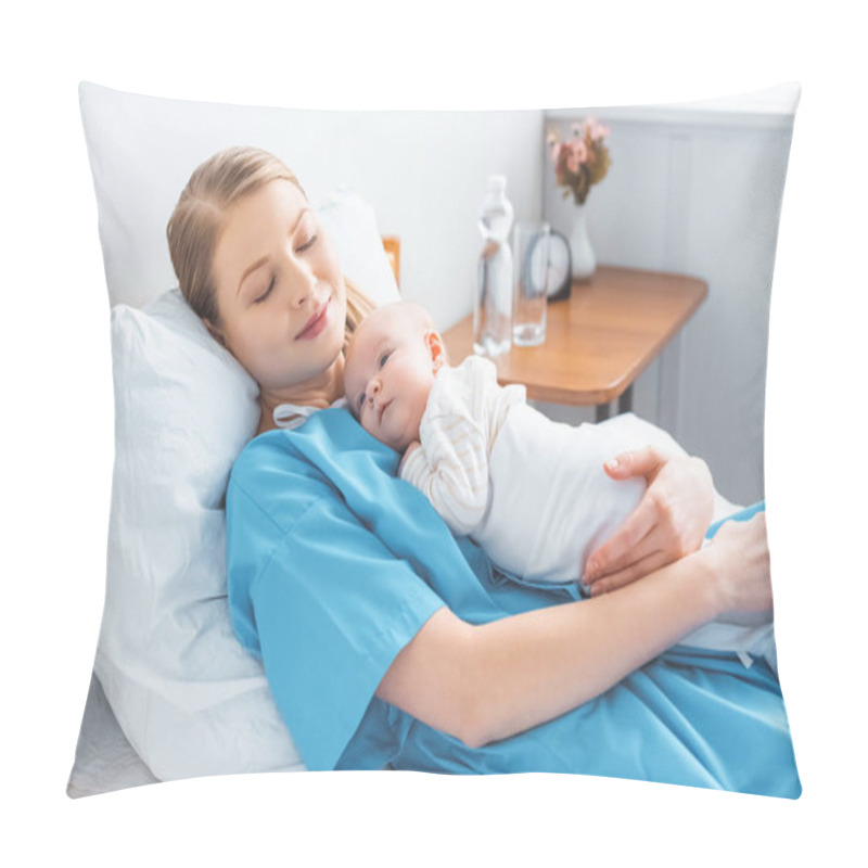 Personality  Young Mother Sleeping On Hospital Bed With Adorable Baby Lying On Chest Pillow Covers