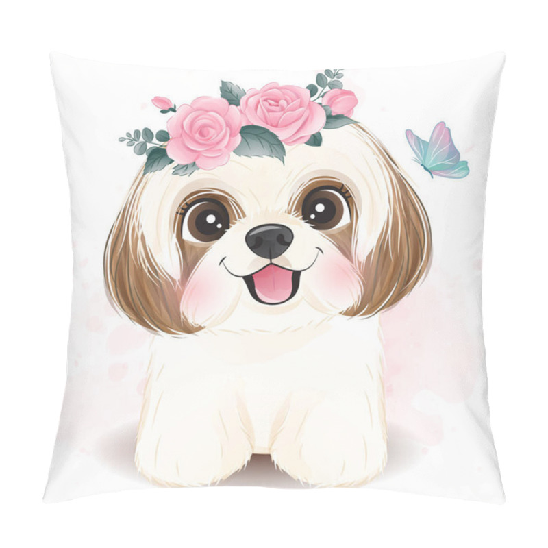 Personality  Cute Little Shih Tzu With Floral Illustration Pillow Covers