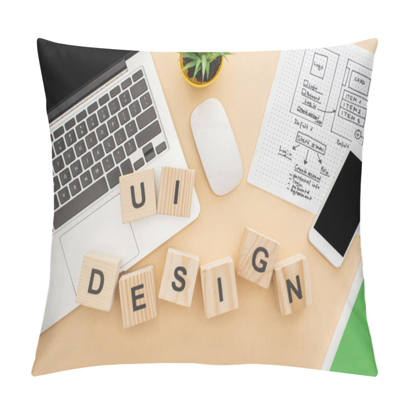 Personality  Top View Of Gadgets Near Wooden Blocks With Ui Design Lettering, Website Design Template And Green Plant On Beige Background Pillow Covers