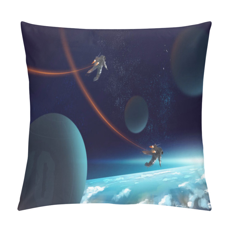 Personality  Digital Illustration Painting 2 Astronauts Fly By Jetpack In Outer Space Above The Earth. Pillow Covers