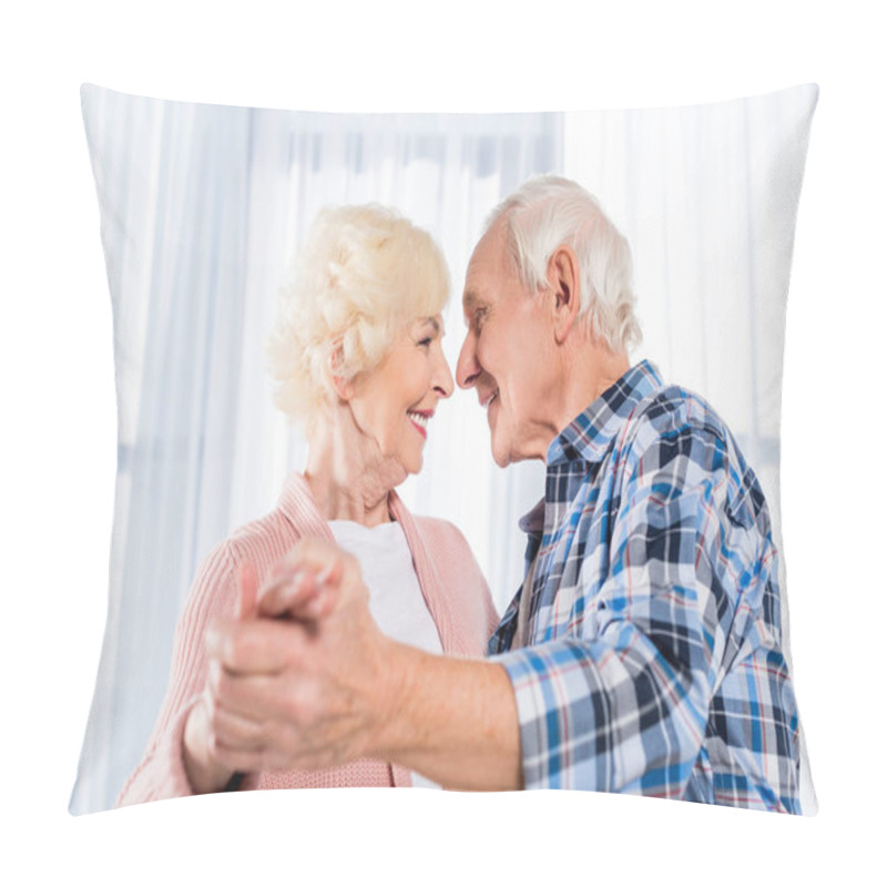 Personality  Side View Of Smiling Senior Couple Dancing Together At Home Pillow Covers