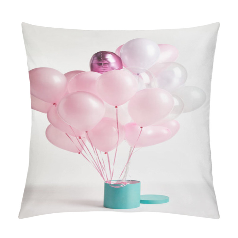 Personality  Bundle Of Decorative Pink Balloons With Turquoise Gift Box On White Pillow Covers