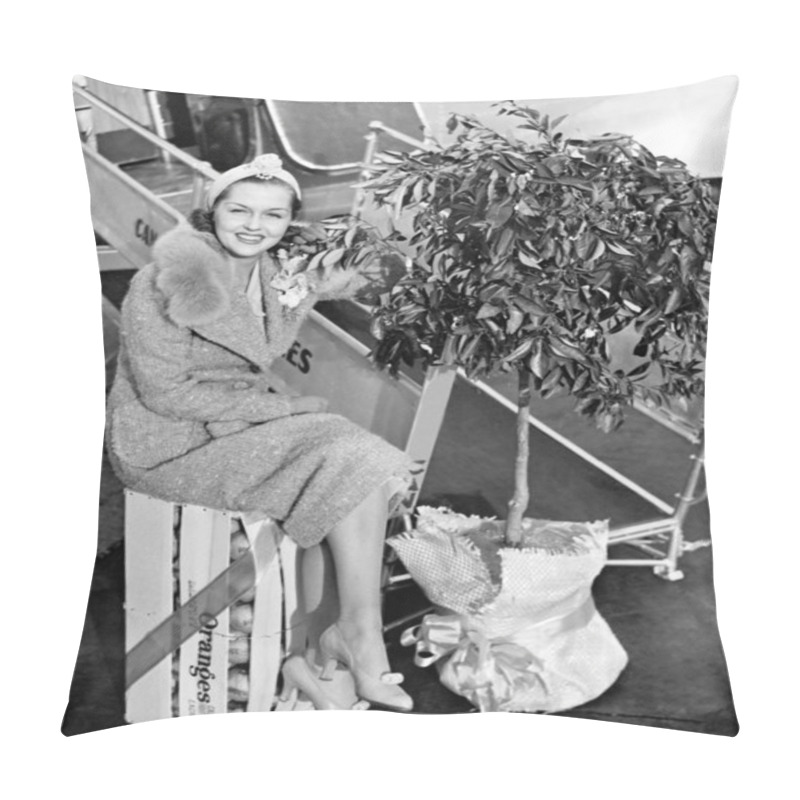 Personality  Woman Sitting On A Crate Of Oranges Next To A Plane And Citrus Tree Pillow Covers