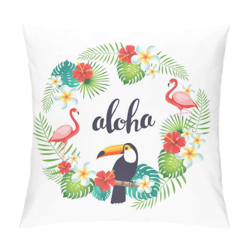 Personality  Tropical Wreath With Flamingo, Toucans, Exotic Leaves And Flowers. Pillow Covers