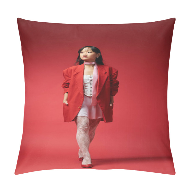 Personality  An Elegant Asian Woman Walks Gracefully In A Striking Red Outfit Against A Matching Backdrop. Pillow Covers