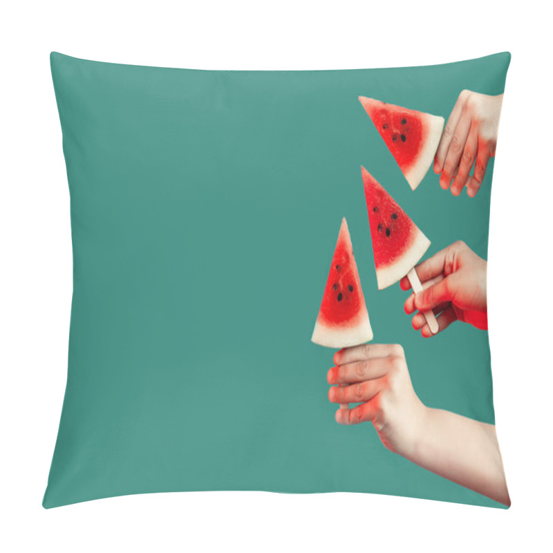 Personality  Hands Stretch Out Pieces Of Watermelon On A Stick. On A Green Background. Summer Concept Pillow Covers