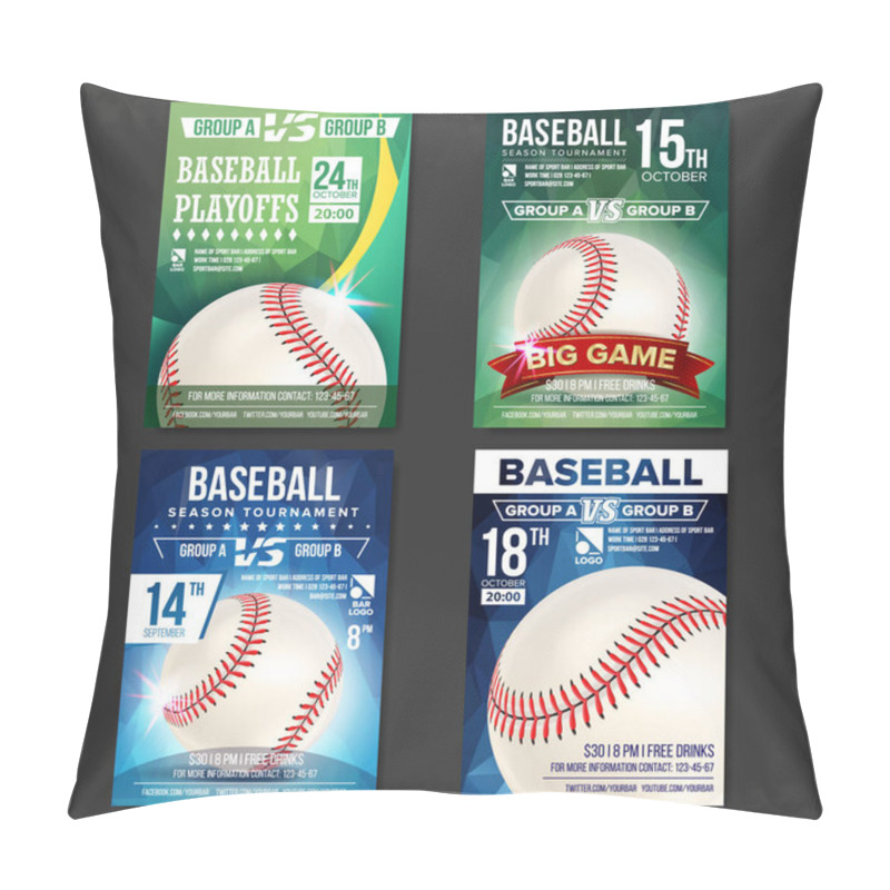 Personality  Baseball Poster Set Vector. Design For Sport Bar Promotion. Baseball Ball. Modern Tournament. Sport Event Announcement. Banner Advertising. Template Illustration Pillow Covers