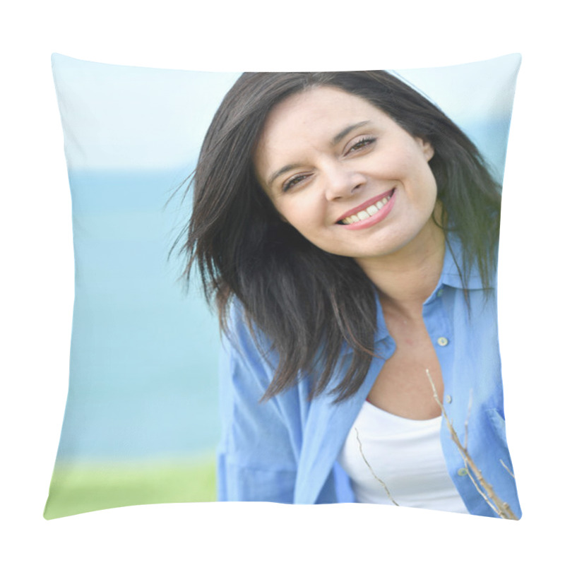 Personality   Woman In Blue Shirt Smiling  Pillow Covers