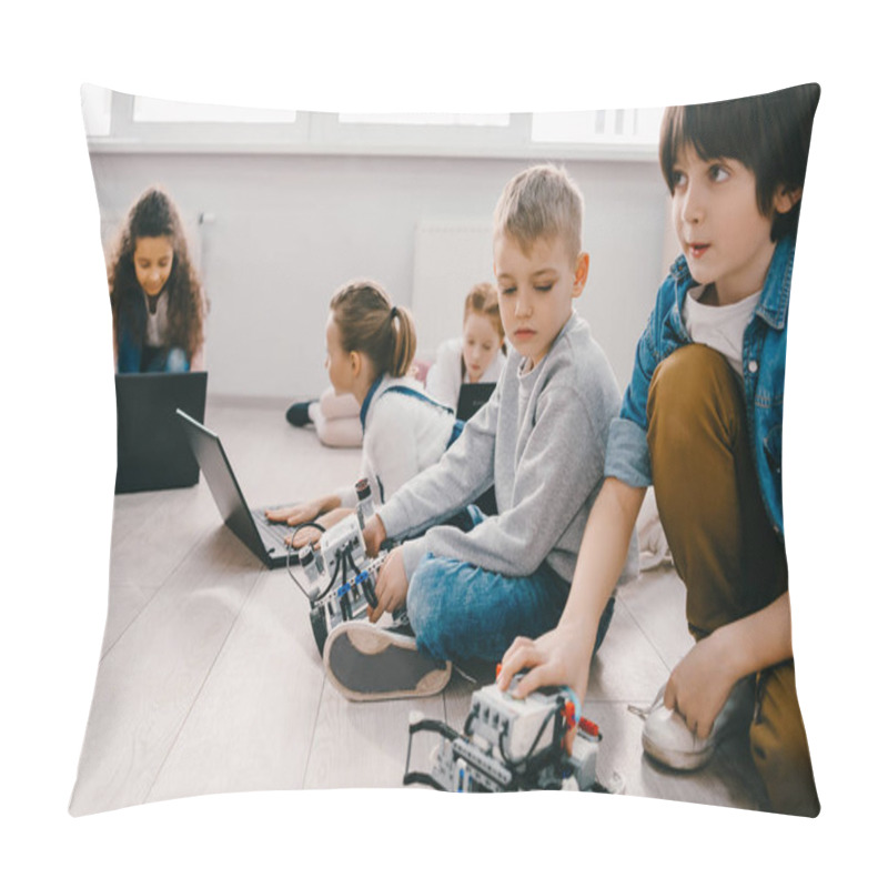 Personality  Focused Kids Programming Robots With Laptops While Sitting On Floor, Stem Education Concept Pillow Covers