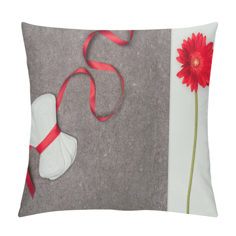 Personality  Top View Of Arranged Menstrual Pads With Ribbon And Red Flower On Grey Surface Pillow Covers