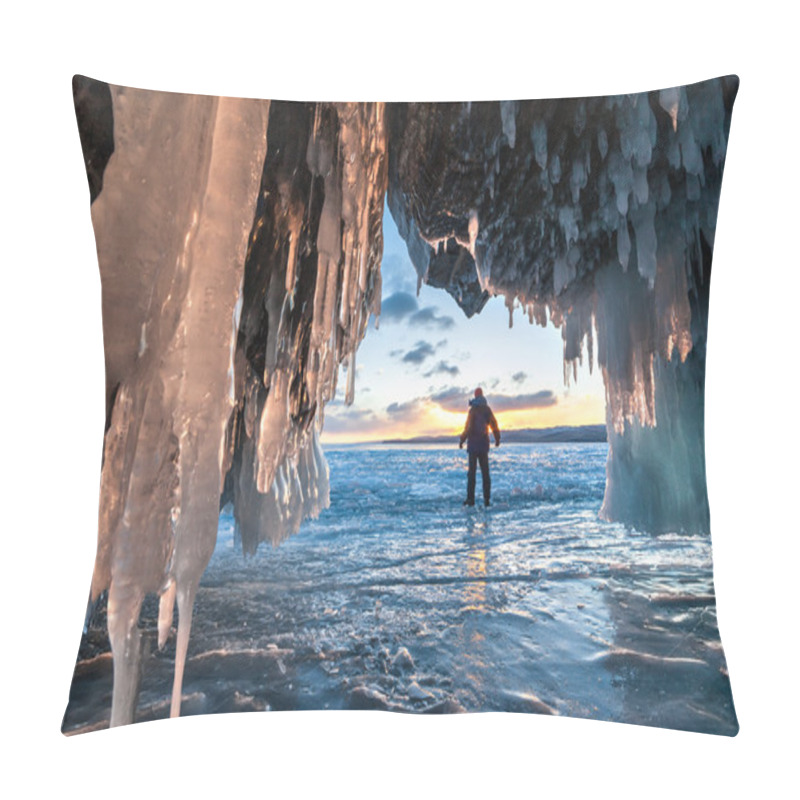 Personality  Hiker At The Ice Cave And Across Sunrise. Pillow Covers