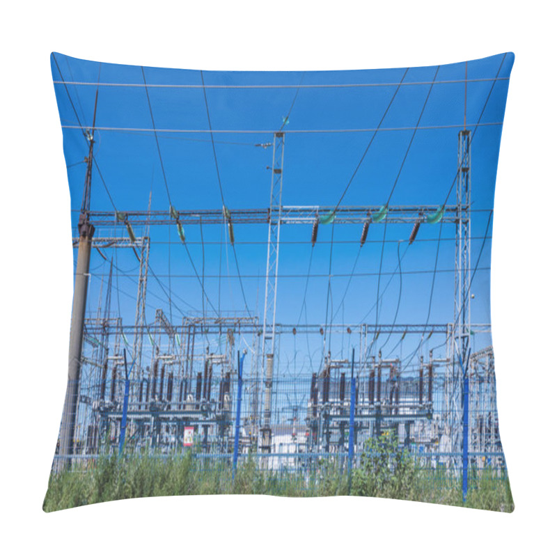 Personality  The Poles And Wires Of Elecric Substation On The Background Of Blue Sky In The Sunny Summer Weather Pillow Covers