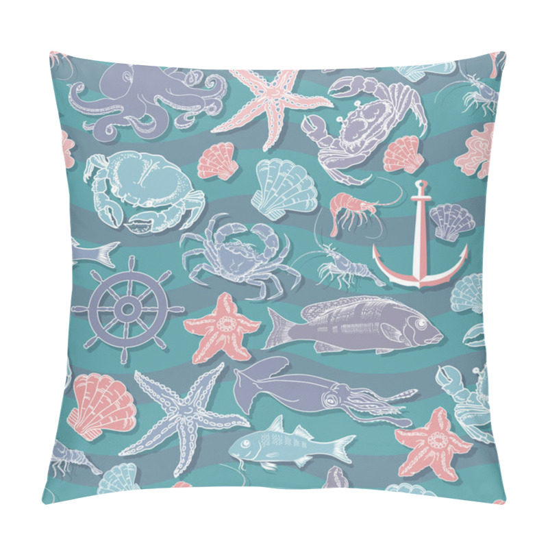 Personality  Seamless Pattern  Marine Themed With Fish, Shrimp, Crab, Helm, Shell, Starfish, Squid,  Octopus, Anchor Retro Underwater Pattern On Aquamarine Background Pillow Covers